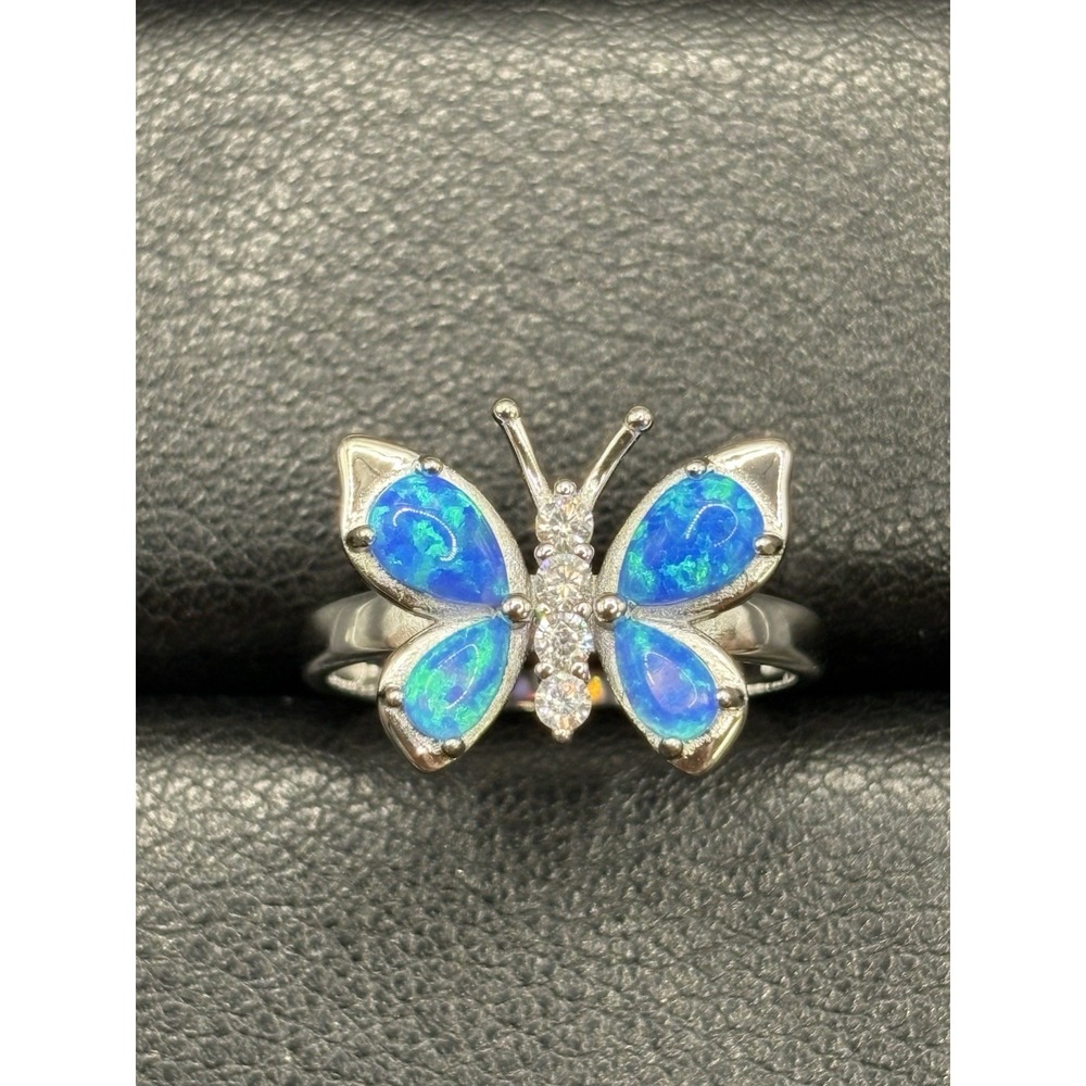 New Condition Sterling Silver Lab Blue Opal Butterfly Ring Size 7 E4